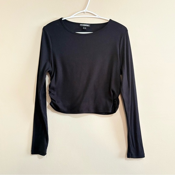 Black Long Sleeve Ribbed Crewneck Cropped w Ruched Sides - Picture 1 of 10
